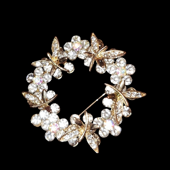 Dragonfly and Flower double layered wreath Brooch pin with RHINESTONES  gorgeous - Picture 4 of 4